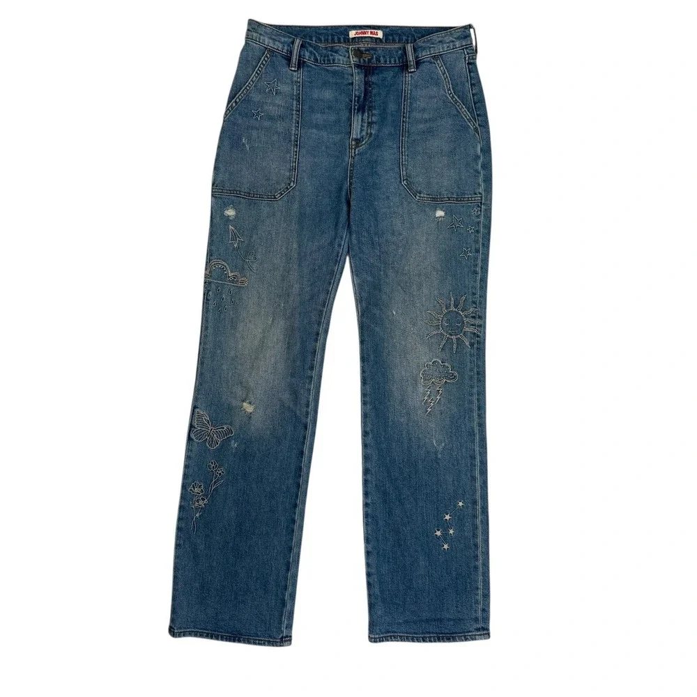 Johnny Was Embroidered Jeans Size 28 Sovanna Worker Relaxed Fit Straight Leg - Picture 1 of 9